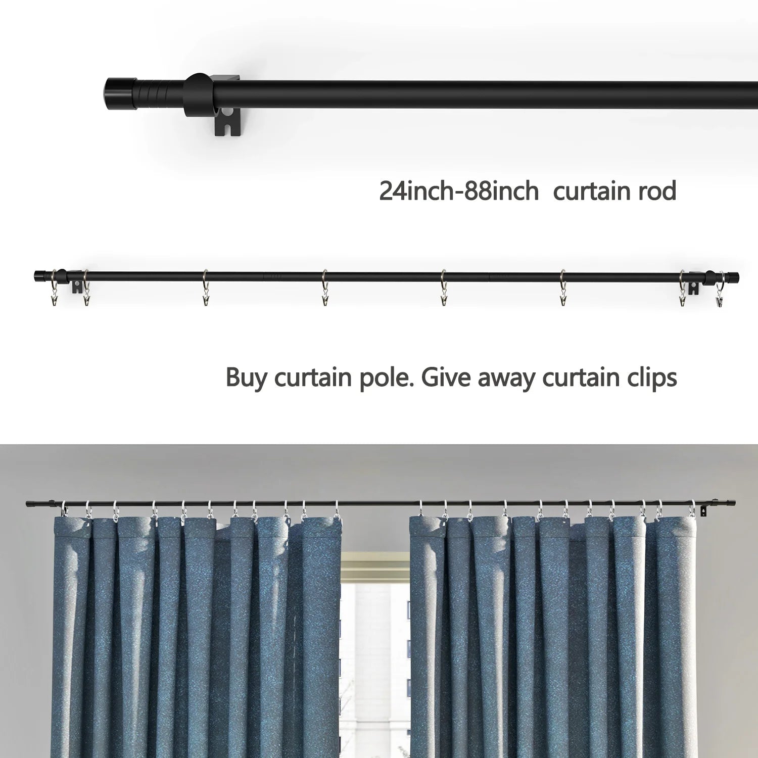 Tringle à rideau extensible en métal noir avec anneaux et pinces inclus (1 tringle)