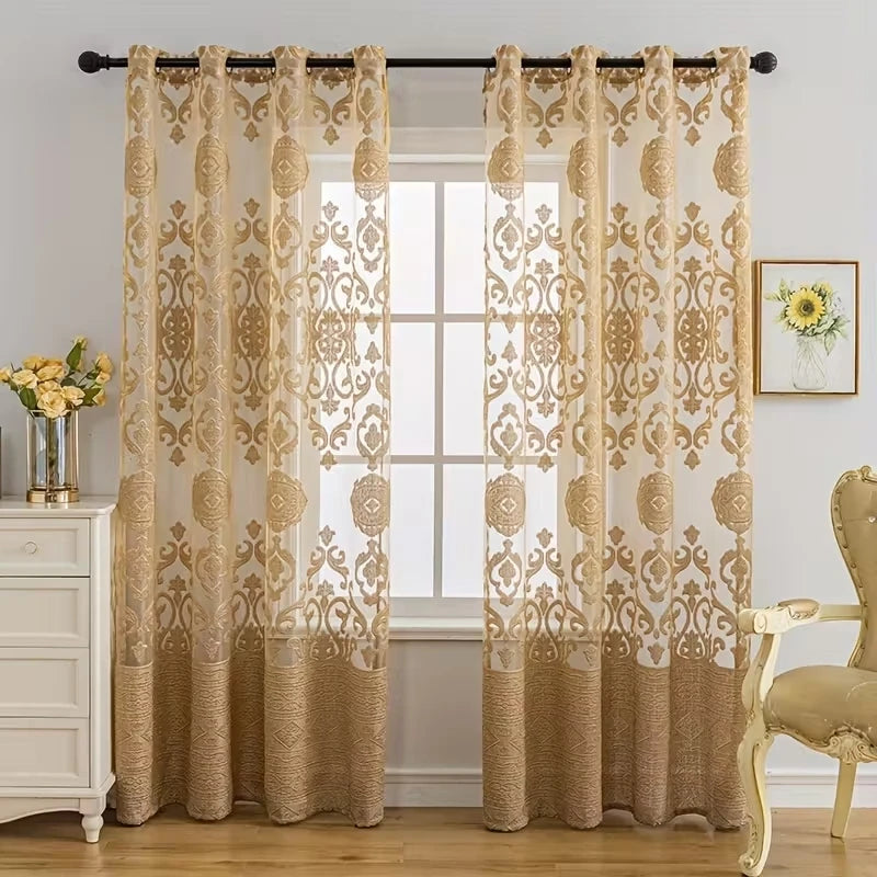 Rideau voilage jacquard doré en polyester pour salon et chambre