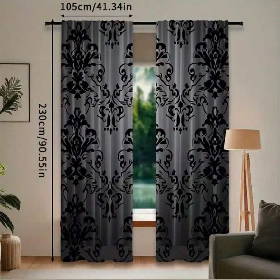 Rideaux voilage gris et noir à motifs damassés (2 panneaux)