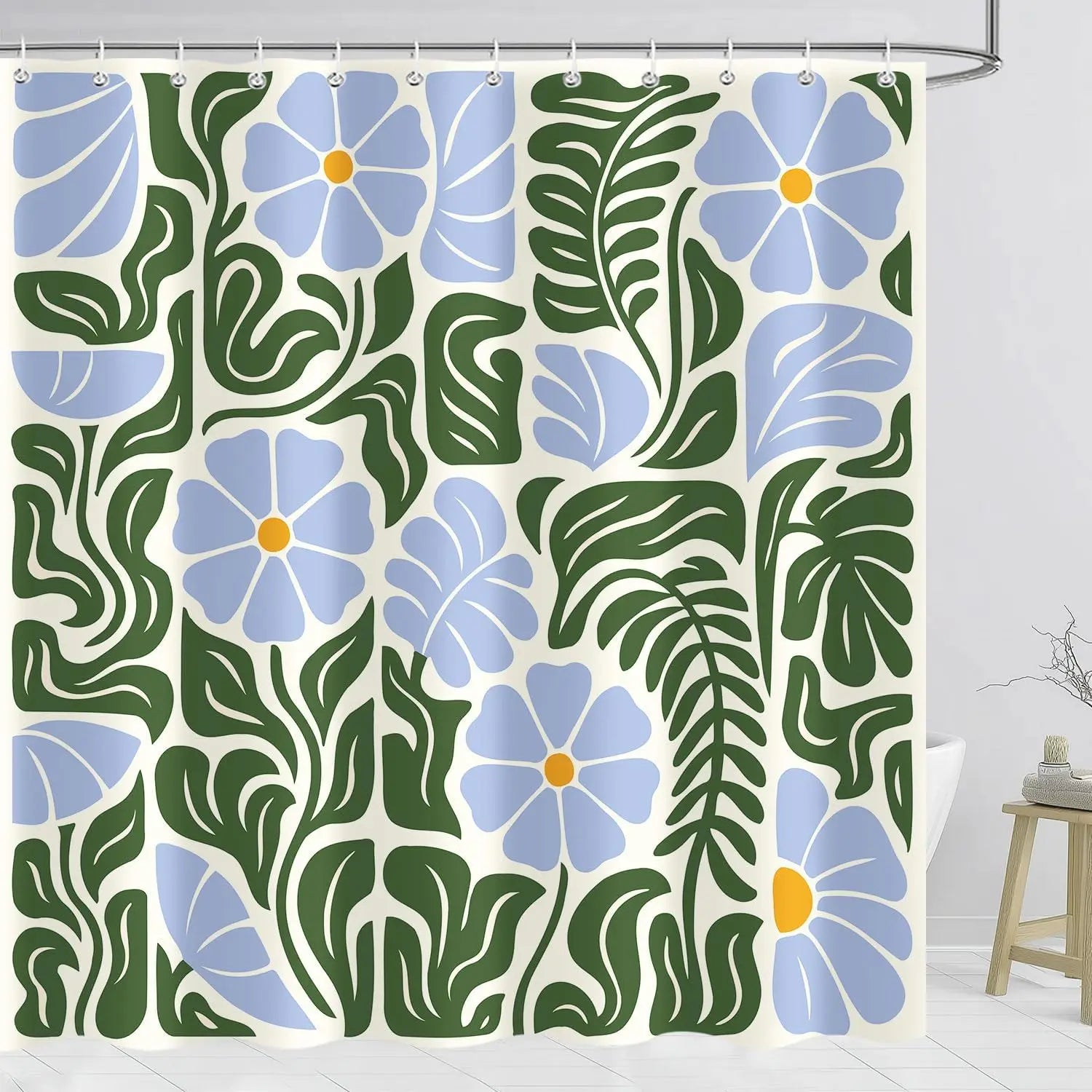 Rideau de douche polyester imperméable motif floral rétro bleu vert