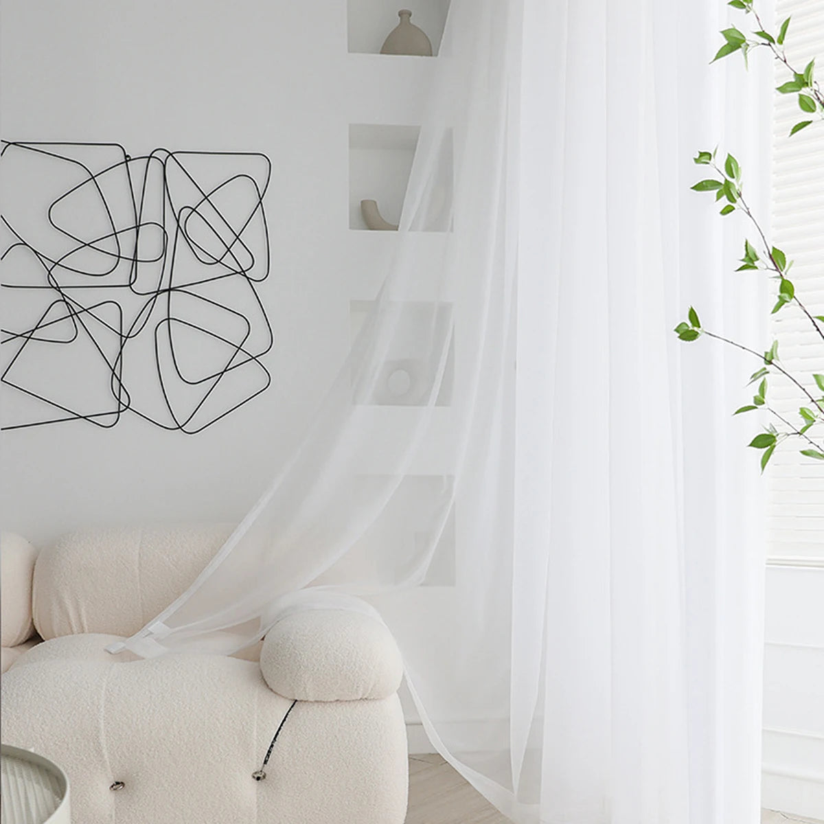 Rideau voilage blanc uni tamisant léger polyester pour salon et chambre