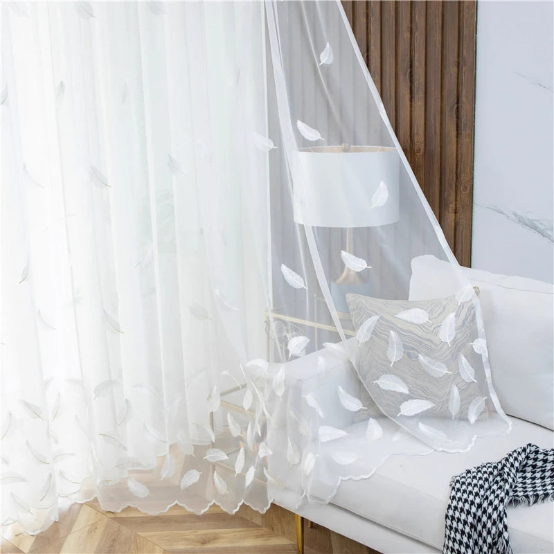 Voilage blanc brodé plumes transparent élégant pour salon chambre et cuisine (1 pièce)