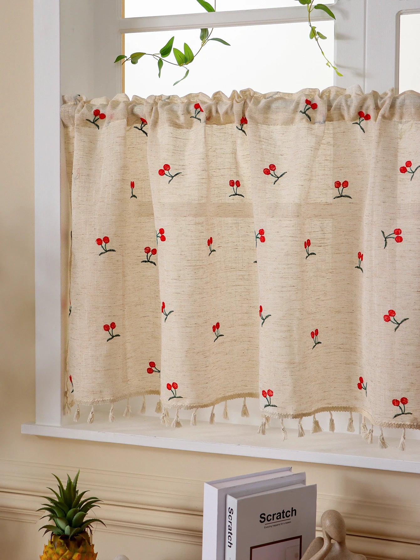 Rideau en Lin Brodé Motif Cerise – Petit Voilage Jaune pour Cuisine et Chambre