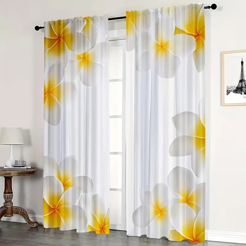 Rideaux voilage fleuris blancs et jaunes tropicaux (2 panneaux)