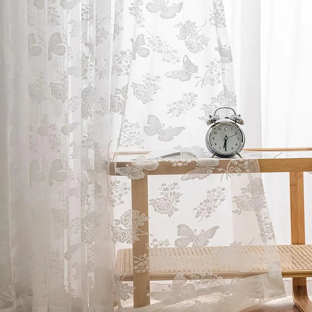 Rideau Jacquard Translucide avec Motif Papillon – Voilage Blanc pour Salon, Chambre et Balcon