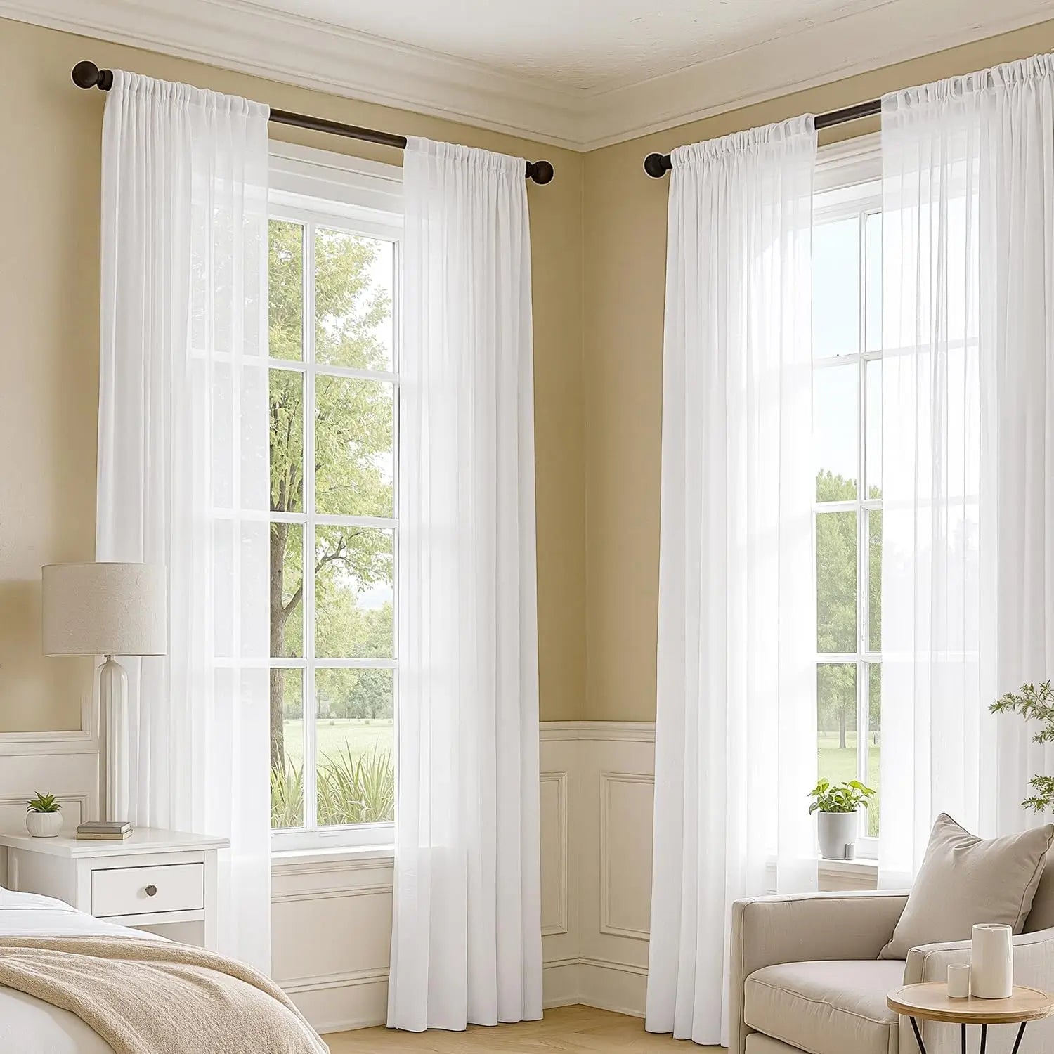 Voilage blanc tamisant en polyester léger pour salon et chambre style épuré (2 pièces)