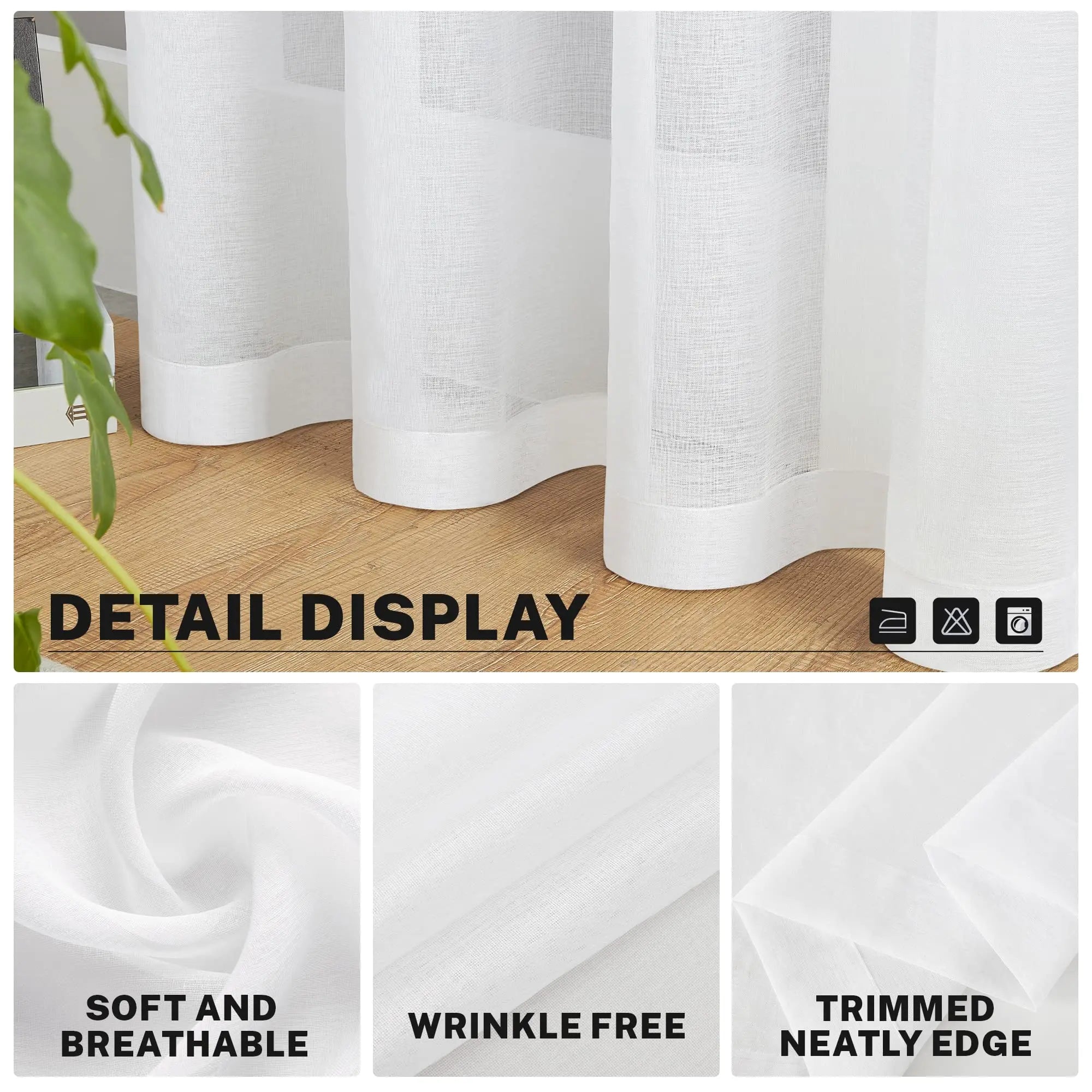 Rideau voile transparent brodé 100 % polyester pour cuisine (2 pièces)