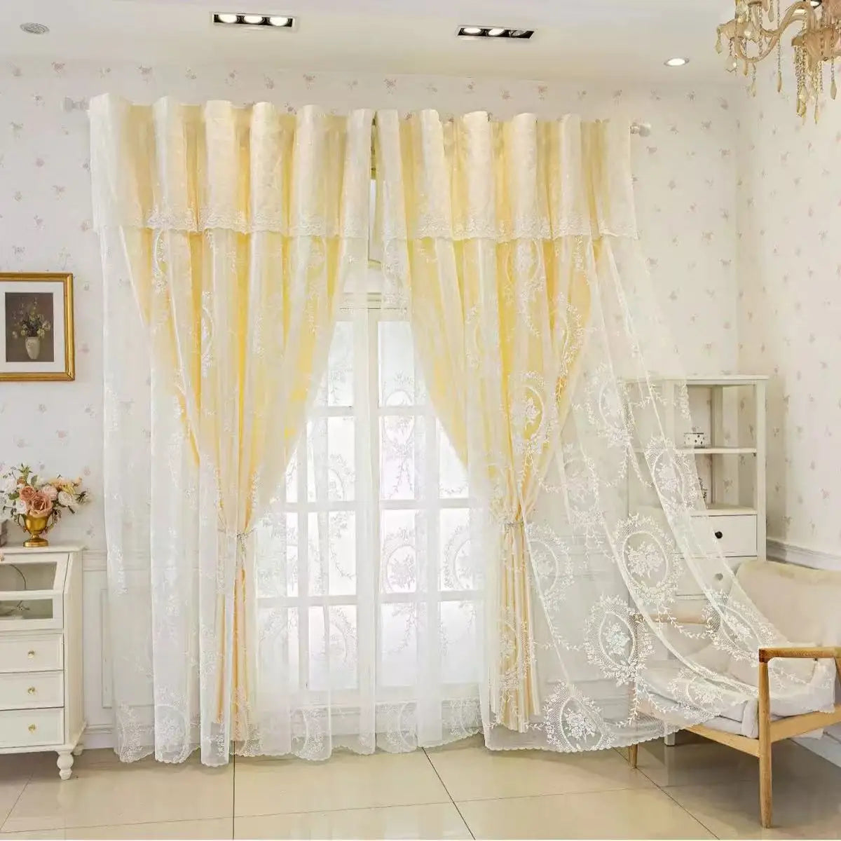 Rideau double voilage jaune moderne pour chambre et salon
