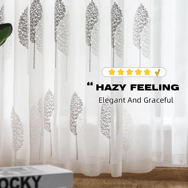 Voilage blanc brodé feuilles grises en tulle transparent pour salon moderne