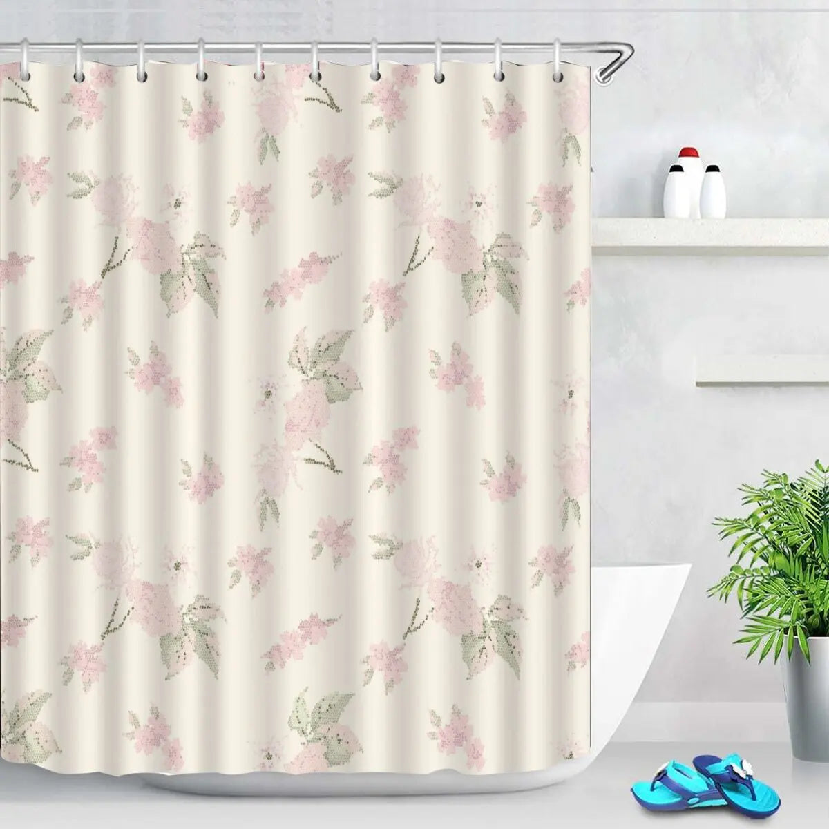 Rideau de douche en polyester imperméable motif tulipes roses