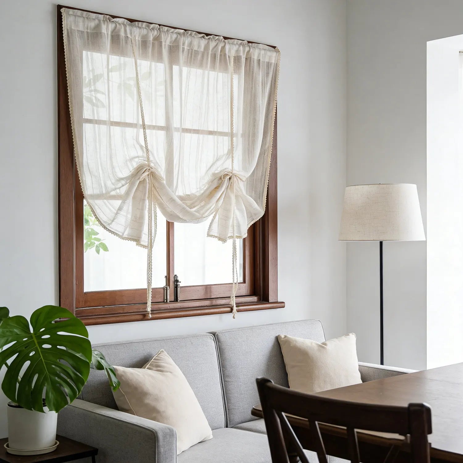 Rideau brise bise relevable beige rayé tamisant pour cuisine fenêtre (1 pièce)