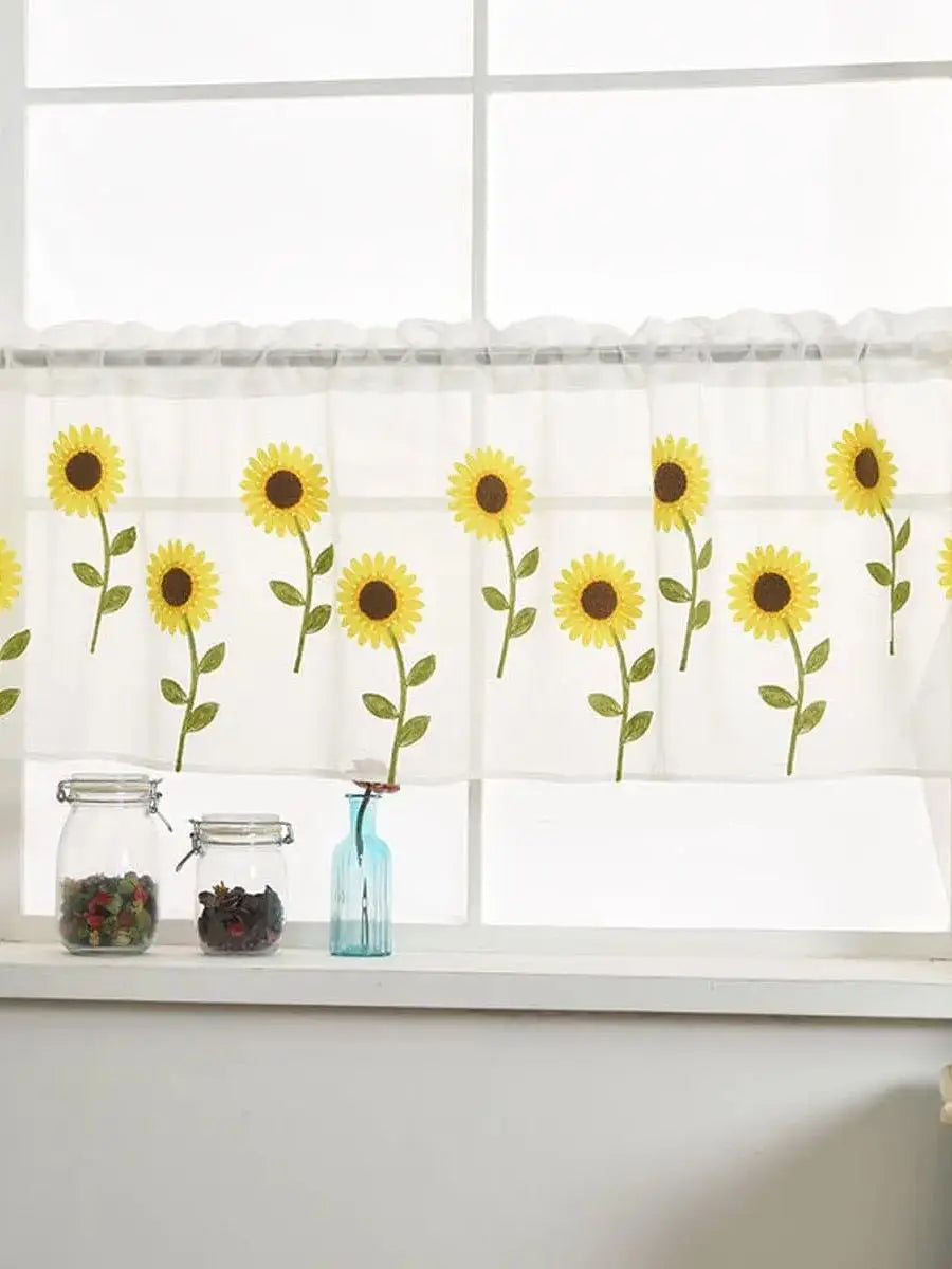 Valance Brodée Semi-Translucide pour Fenêtre – Voilage Floral avec Pompons pour Cuisine