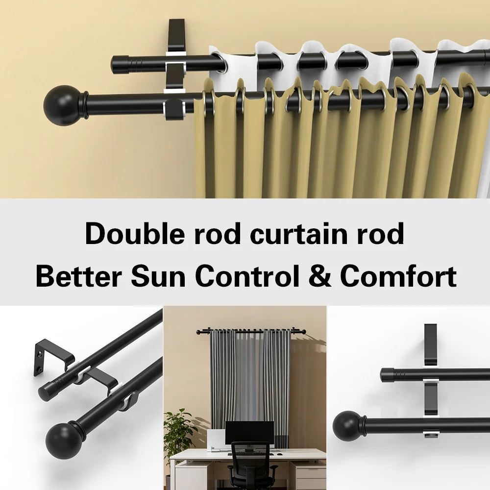 Tringle double rideau extensible noire en métal pour voilage et rideau occultant