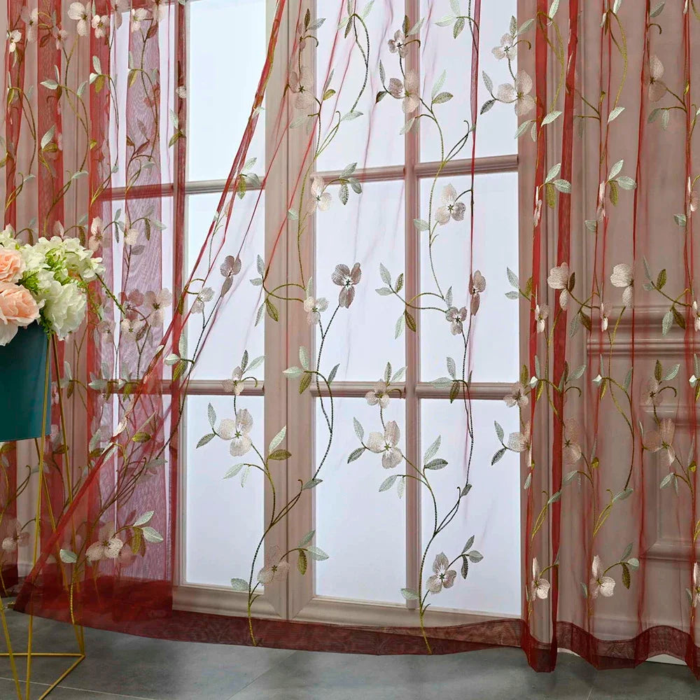 Rideau voilage brodé floral en tulle pour salon et chambre