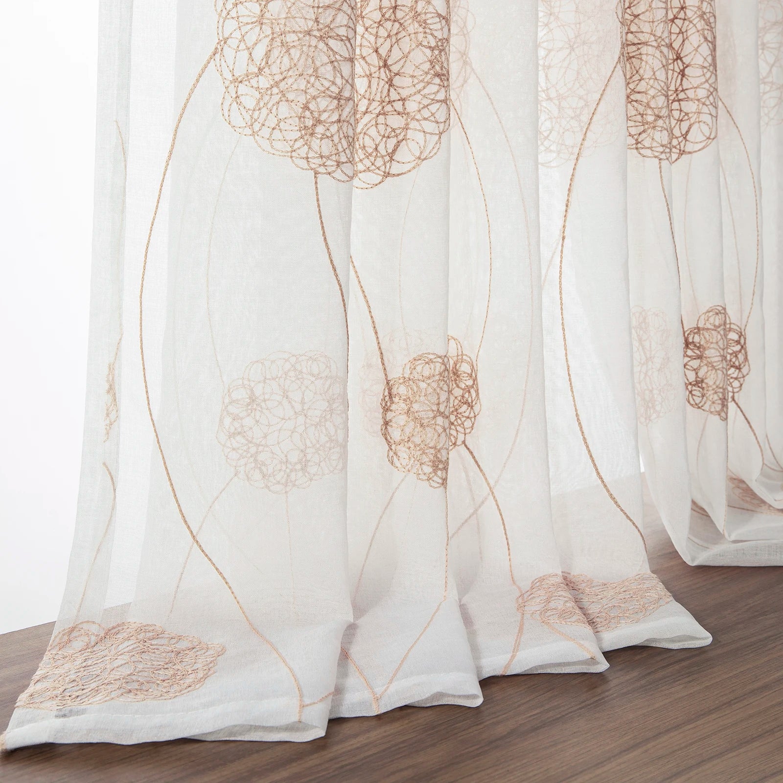 Rideau voilage blanc brodé moderne en polyester – 2 panneaux
