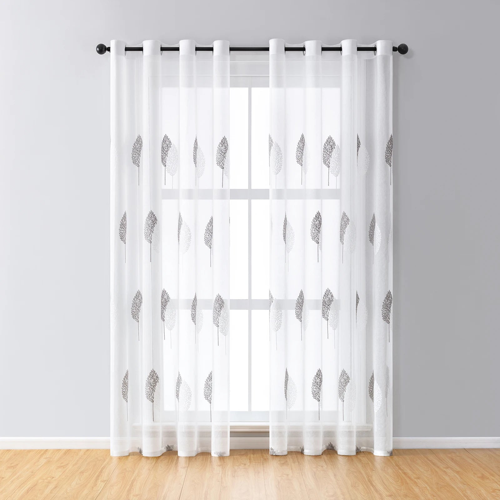 Rideaux voilage brodés feuilles en polyester pour salon et chambre (2 panneaux)