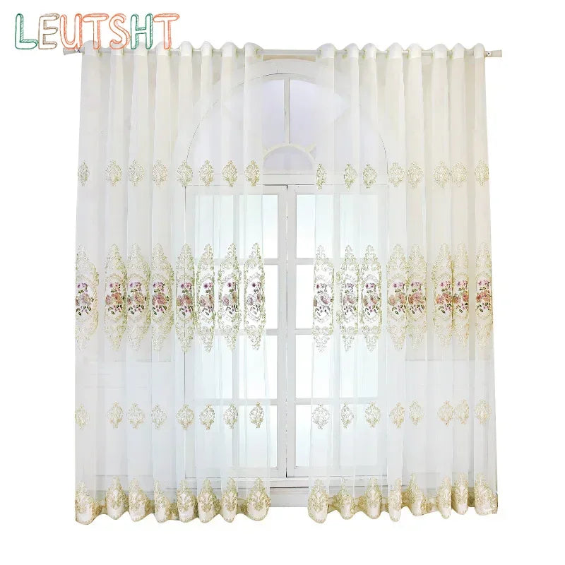 Rideau voilage blanc brodé luxe en polyester tamisant pour salon et chambre