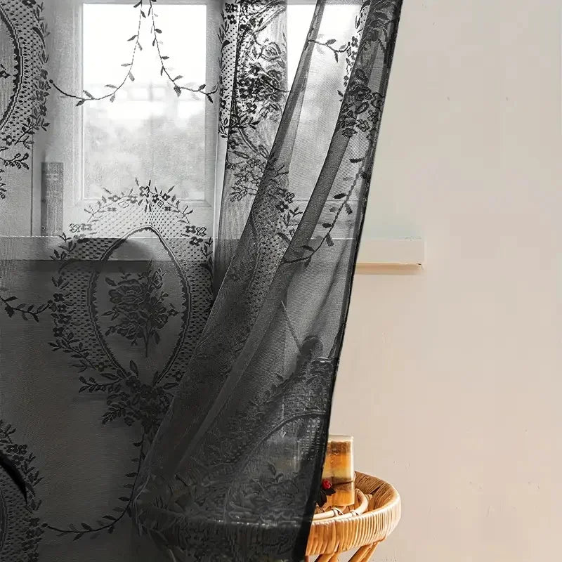 Rideau voilage noir en dentelle florale pour salon et chambre