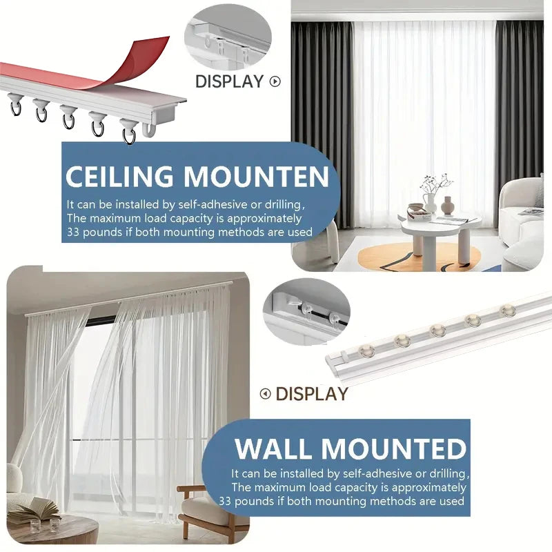 Kit de rails de rideaux ultra-fins auto-adhésifs – Installation murale ou plafond (jusqu'à 450 cm)