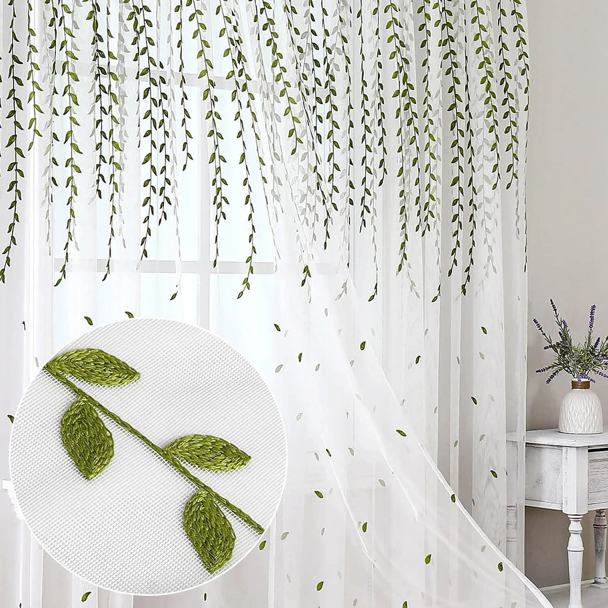 Rideau voilage feuilles brodées vert tamisant polyester pour salon et chambre