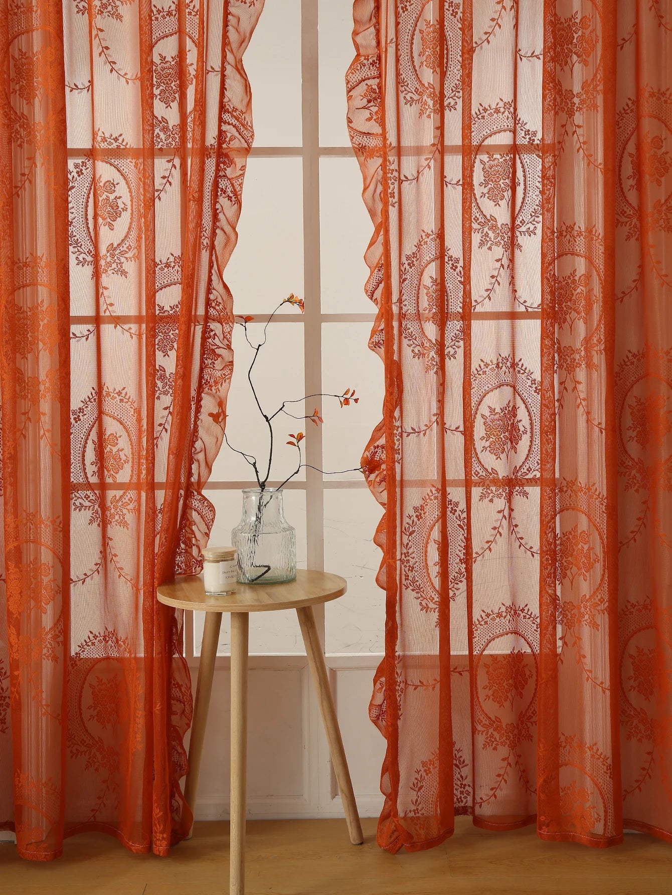 Rideau en dentelle orange à motifs floraux translucide pour salon et chambre