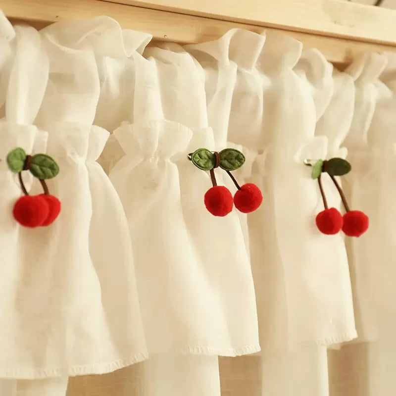 Rideau voilage court en lin blanc avec cantonnière à cerises pour petite fenêtre