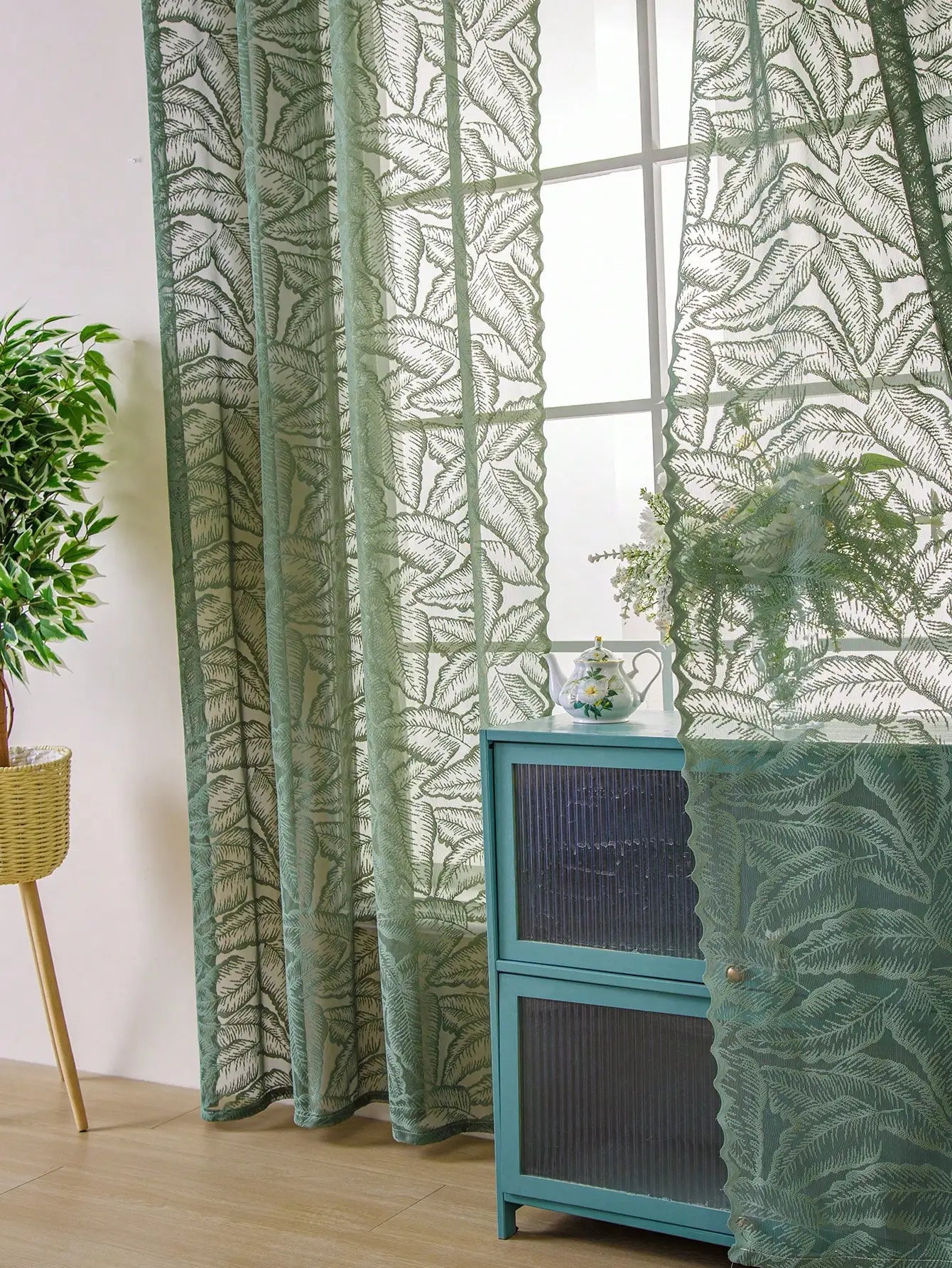 Rideau voilage vert à grandes feuilles en polyester style rustique