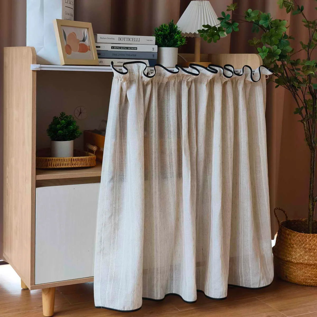 Rideau brise bise effet lin beige tamisant à plis pour cuisine fenêtre (1 pièce)