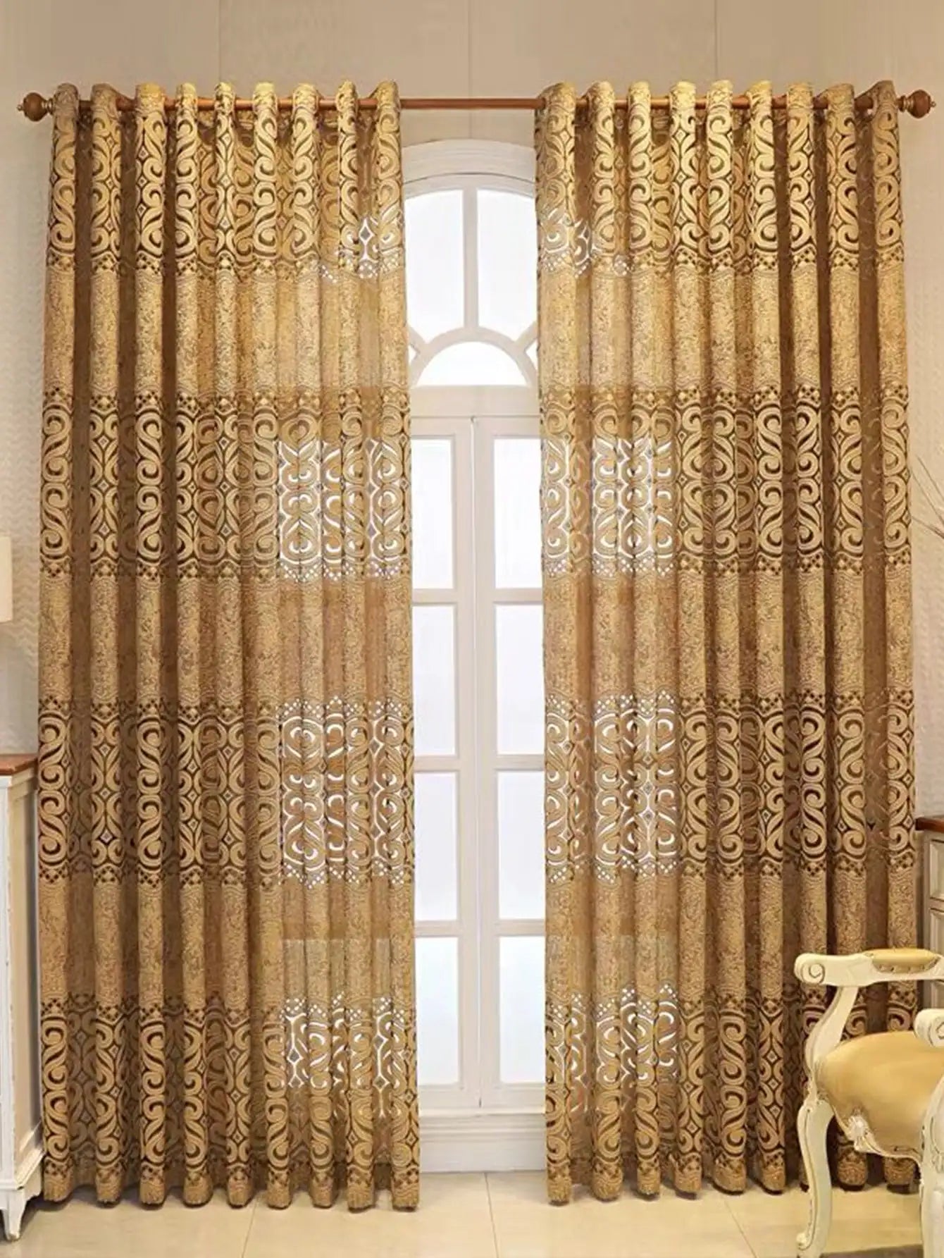Rideau tamisant doré à motifs ajourés pour salon et chambre