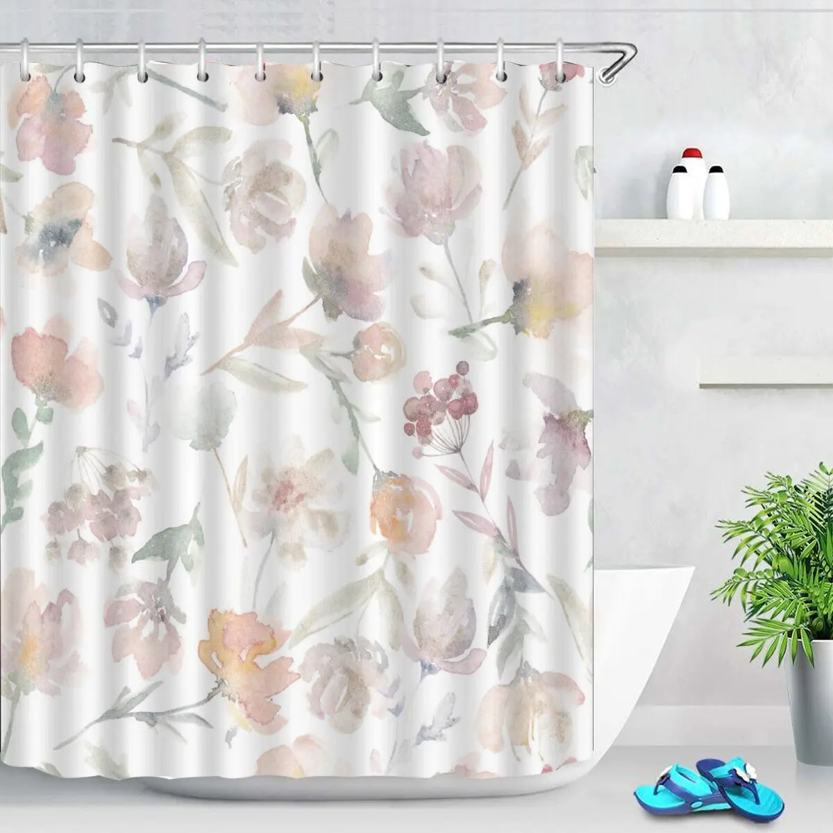 Rideau de douche en polyester imperméable motif tulipes roses
