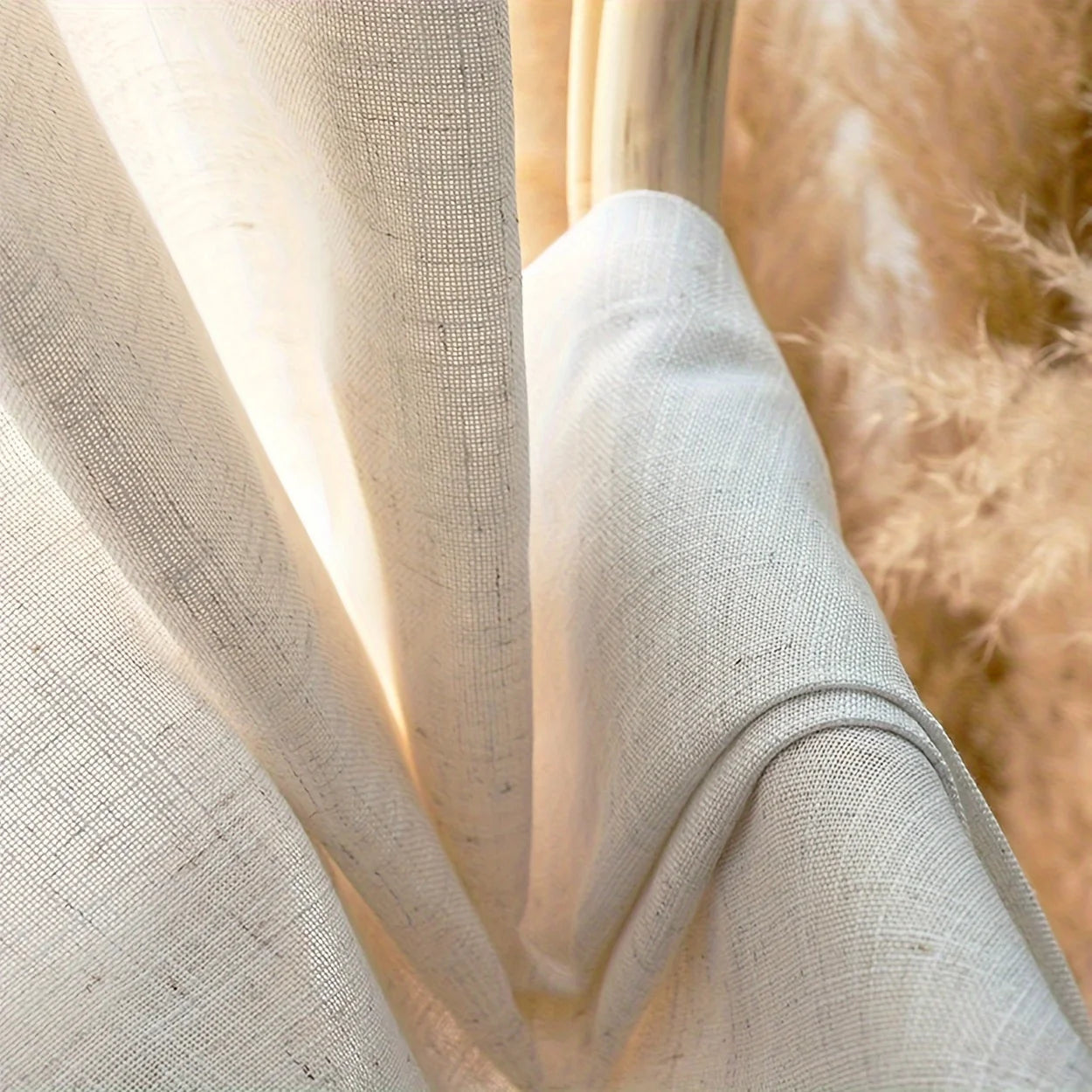 Rideau en lin naturel avec dentelle – Voilage translucide, idéal pour salon et chambre