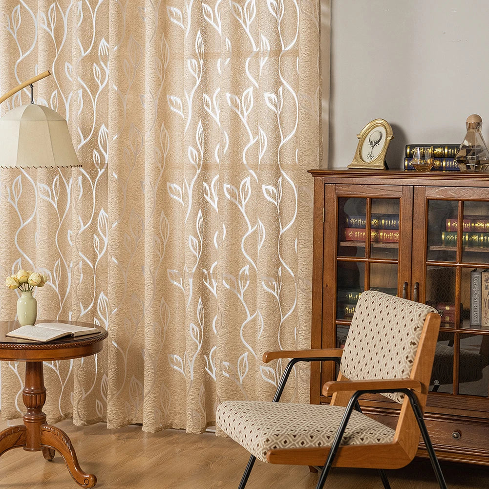 Rideau jacquard tamisant beige motif feuilles style européen
