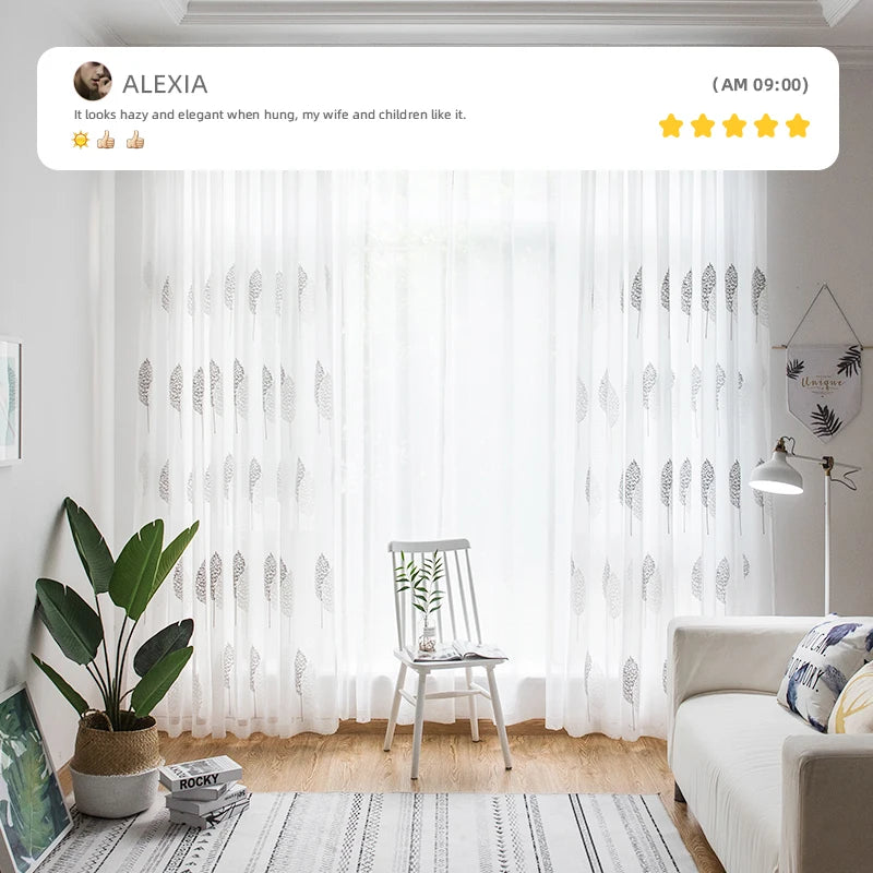 Voilage blanc brodé feuilles grises en tulle transparent pour salon moderne