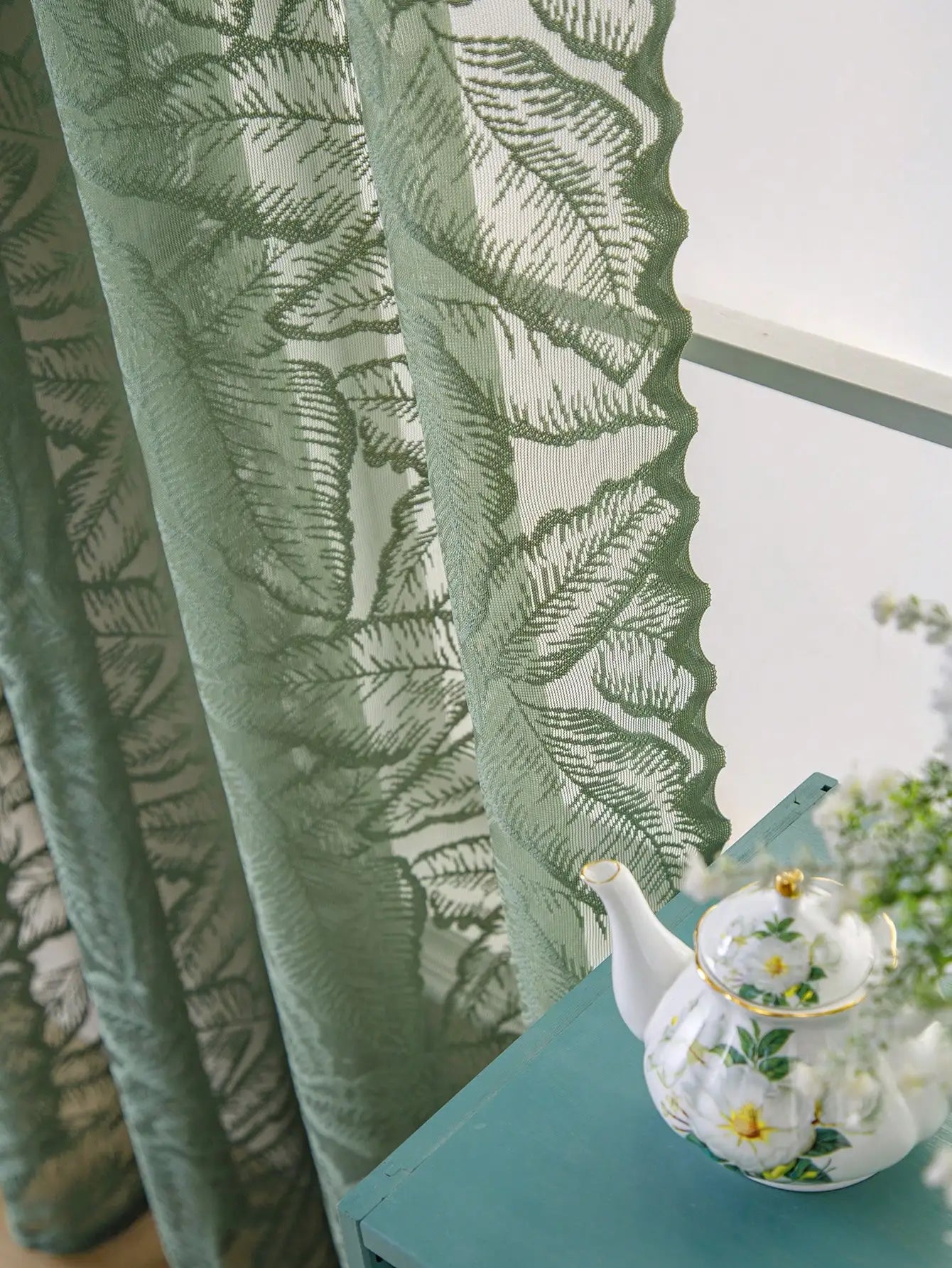 Rideau voilage vert à grandes feuilles en polyester style rustique