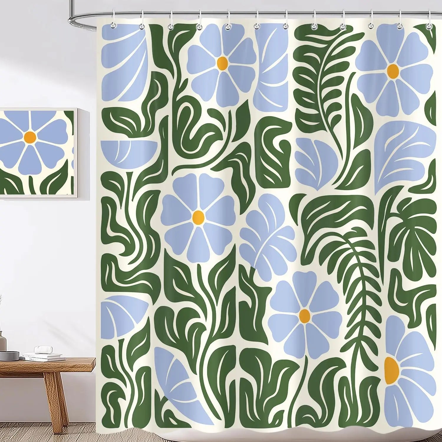 Rideau de douche polyester imperméable motif floral rétro bleu vert