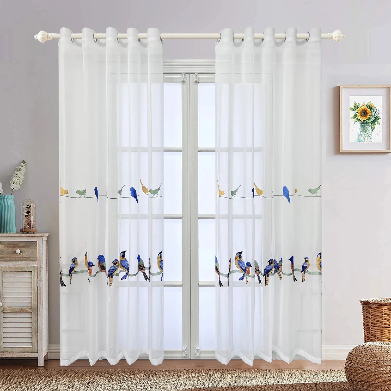 Rideau voilage oiseaux brodés tamisant polyester pour salon et chambre (1 pièce)