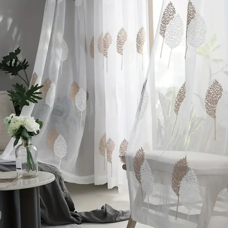 Rideau voilage brodé feuilles translucide blanc élégant pour salon ( 1 pièce )