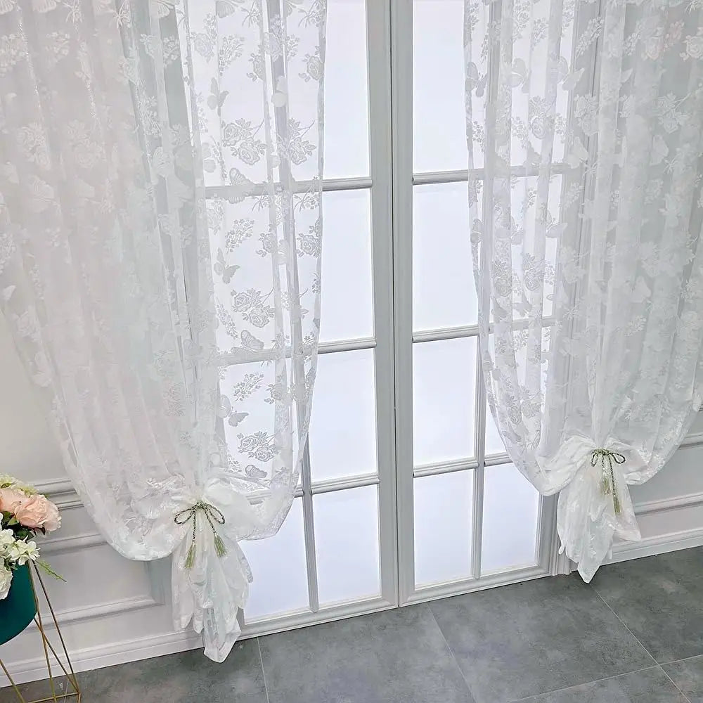 Rideau Jacquard Translucide avec Motif Papillon – Voilage Blanc pour Salon, Chambre et Balcon