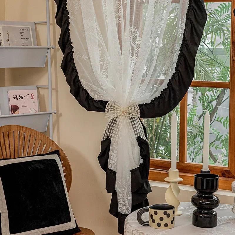 Rideau voilage blanc jacquard fleuri avec volants noirs pour salon et chambre (1 pièce)