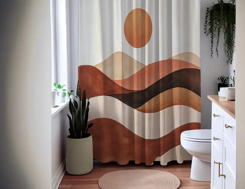 Rideau de douche terracotta motif désert ondulé en polyester imperméable
