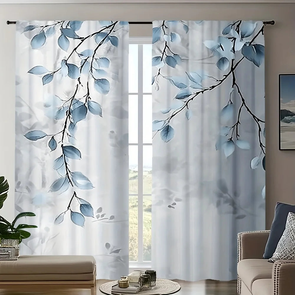 Rideaux bleus à motifs feuilles tamisant en polyester pour salon et chambre (2 pièces)