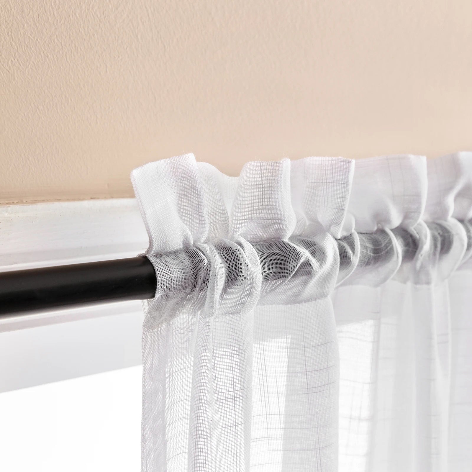 Rideau court voilage blanc effet lin pour cuisine et chambre