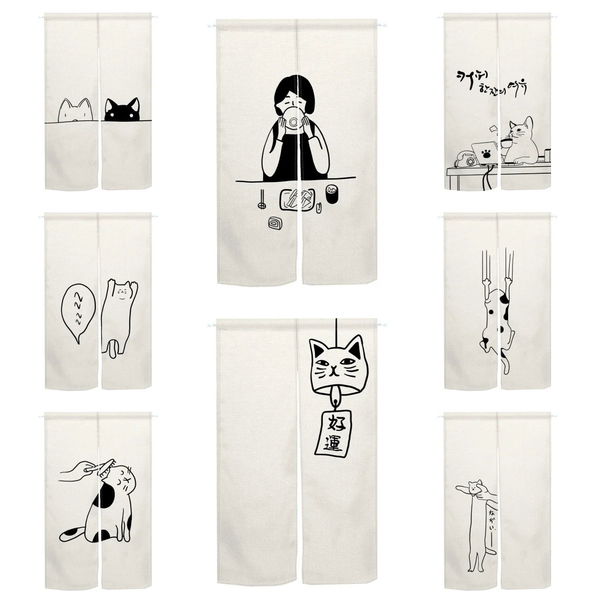 Rideau de porte japonais en lin motif chat style noren pour cuisine et entrée