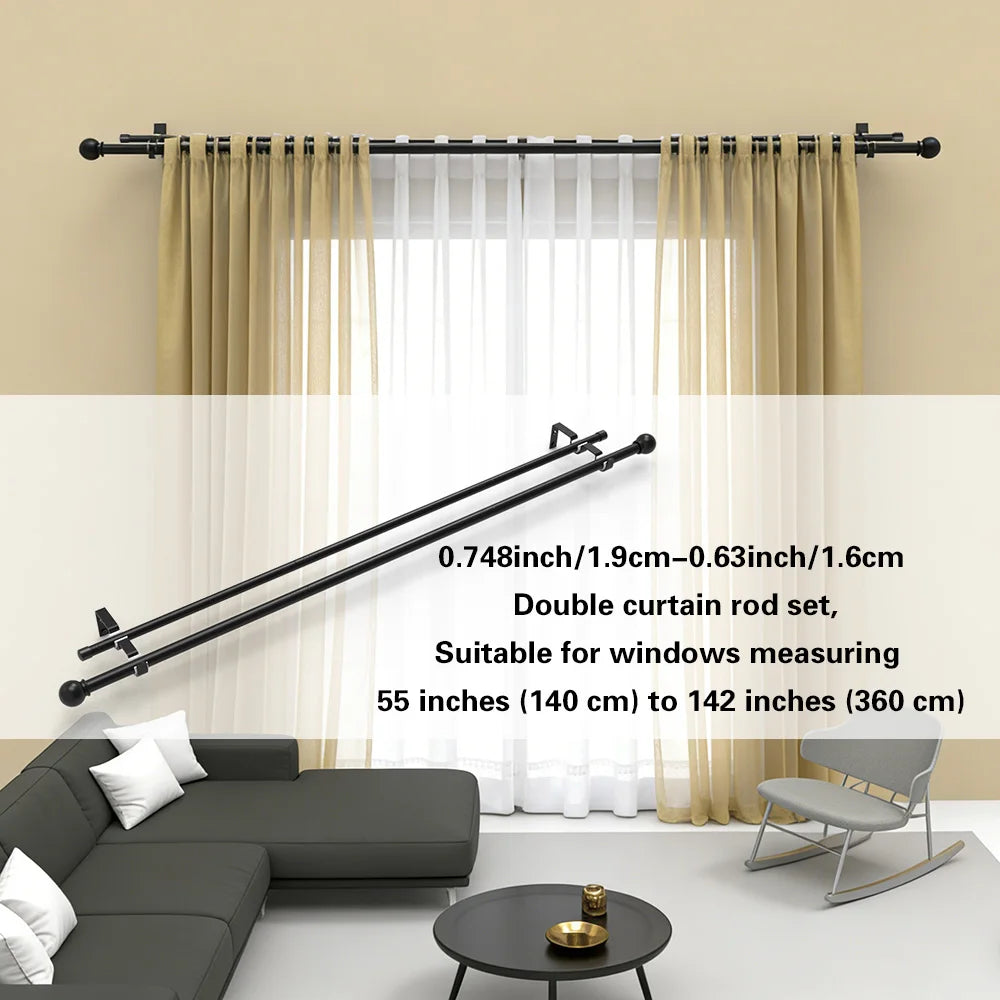 Tringle double rideau extensible noire en métal pour voilage et rideau occultant