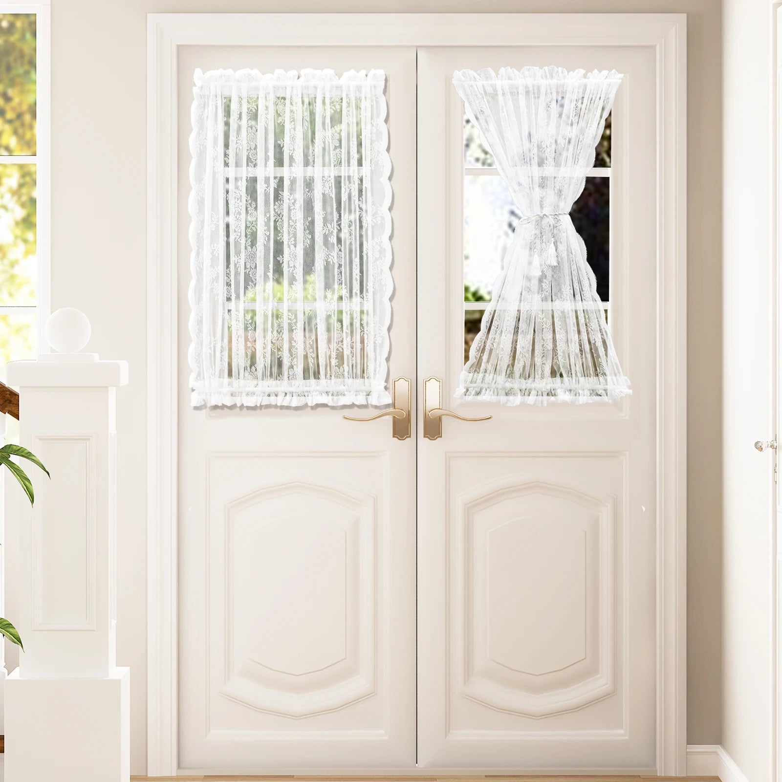 Rideau voilage porte fenêtre dentelle florale blanc tamisant