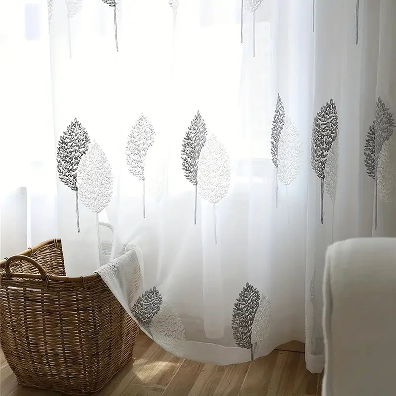 Rideau voilage brodé feuilles translucide blanc élégant pour salon ( 1 pièce )