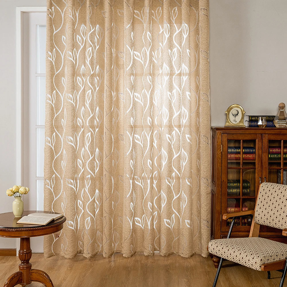 Rideau jacquard tamisant beige motif feuilles style européen