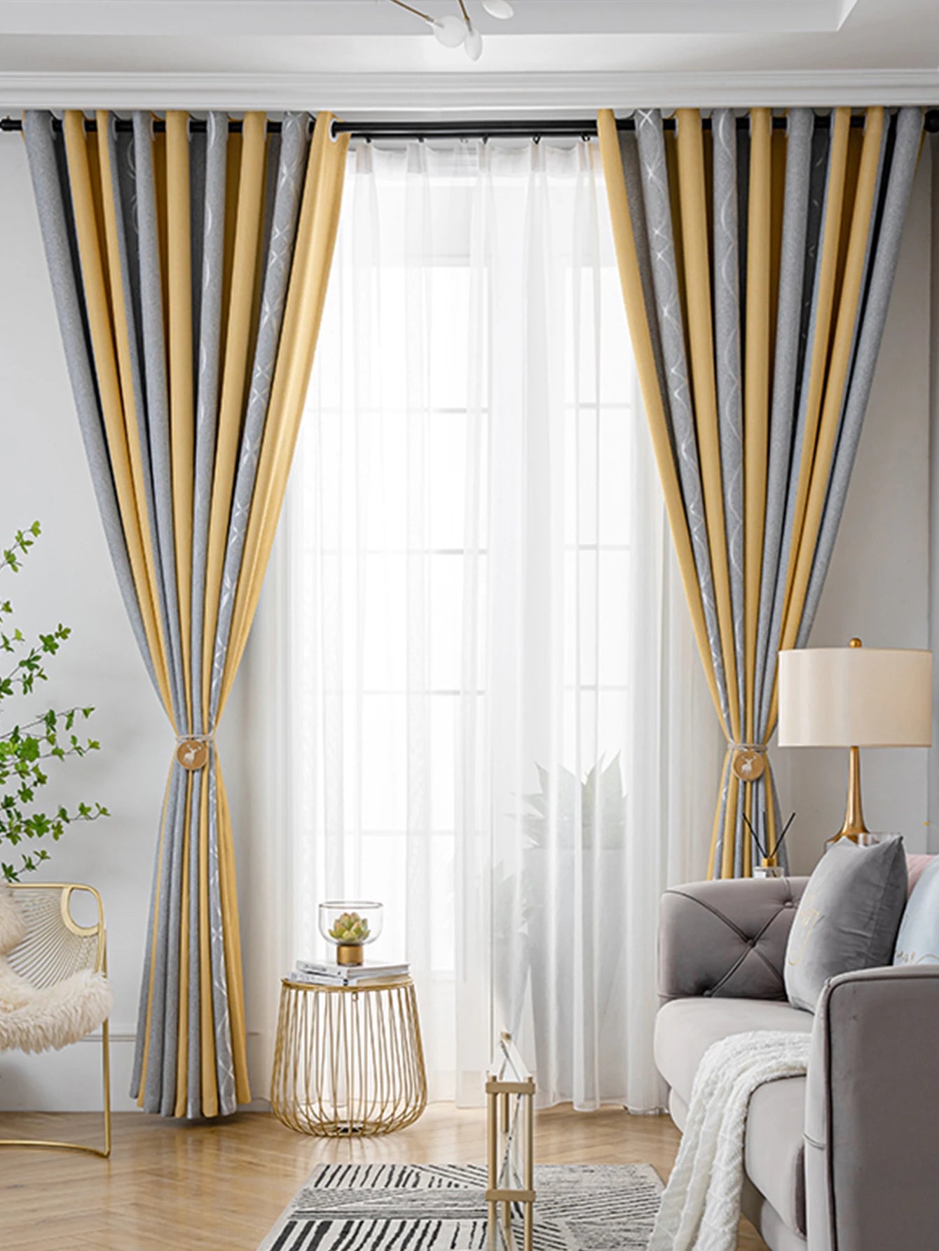 Rideaux jacquard rayés épais jaune et gris pour salon et chambre (2 panneaux)