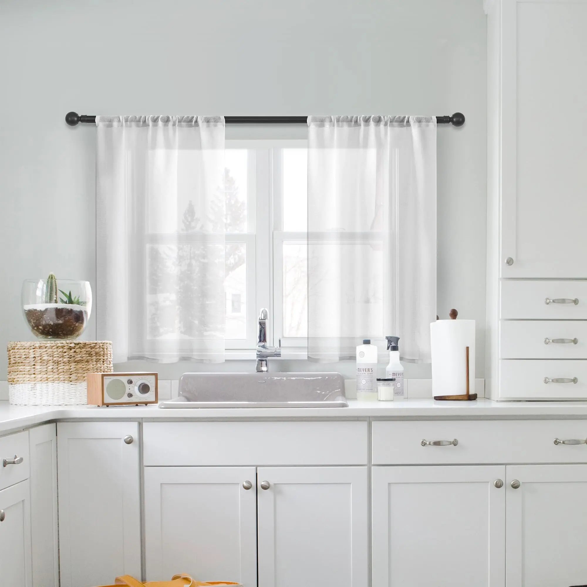 Rideau voile transparent brodé 100 % polyester pour cuisine (2 pièces)
