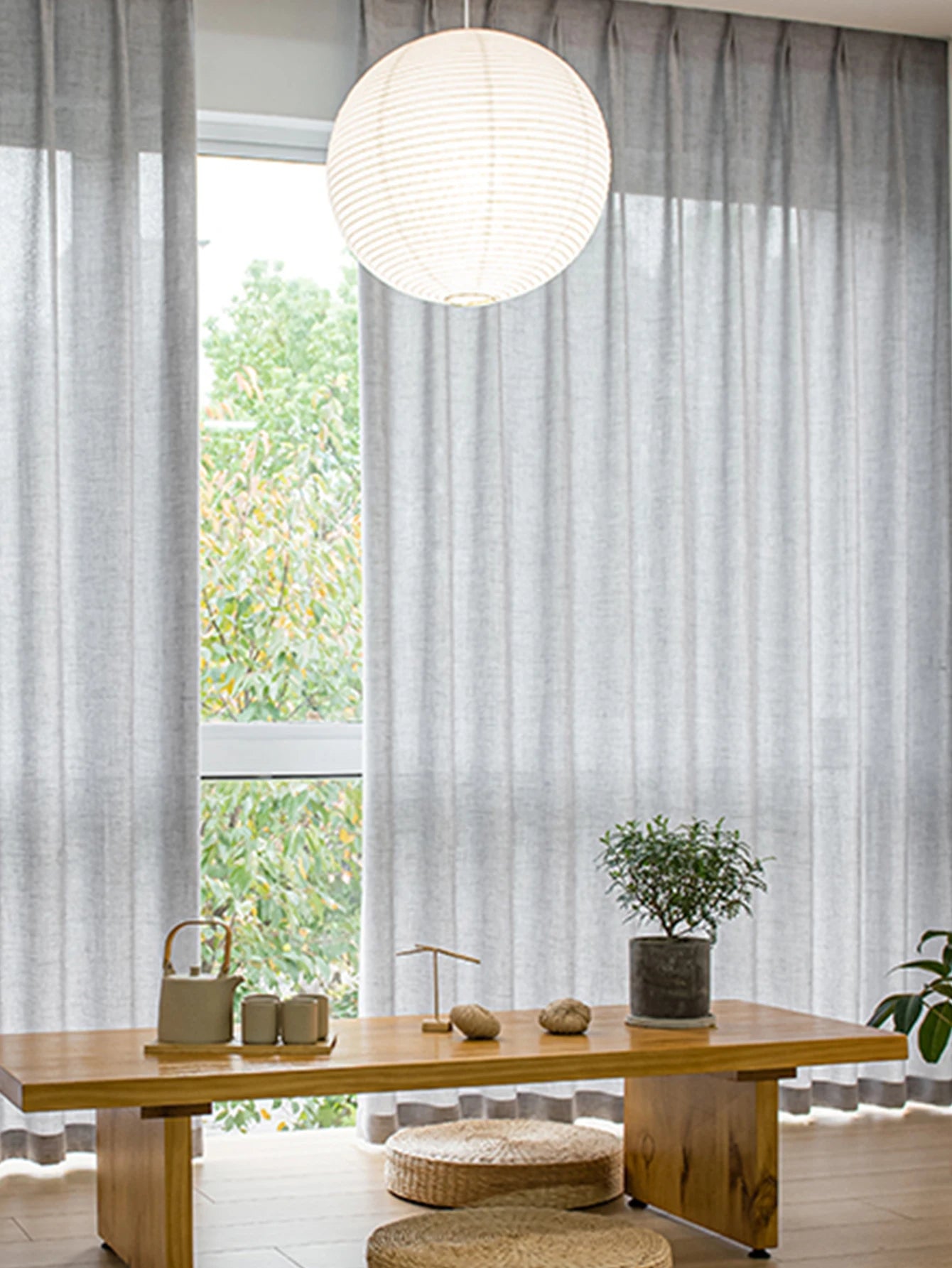 Rideau voilage gris effet lin semi-transparent pour salon et chambre